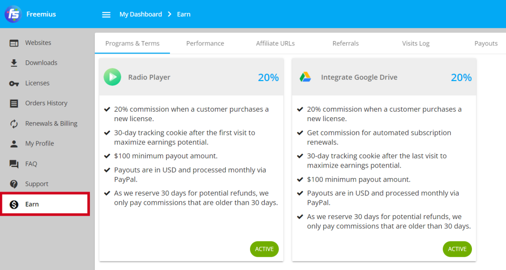 freemius affiliate dashboard