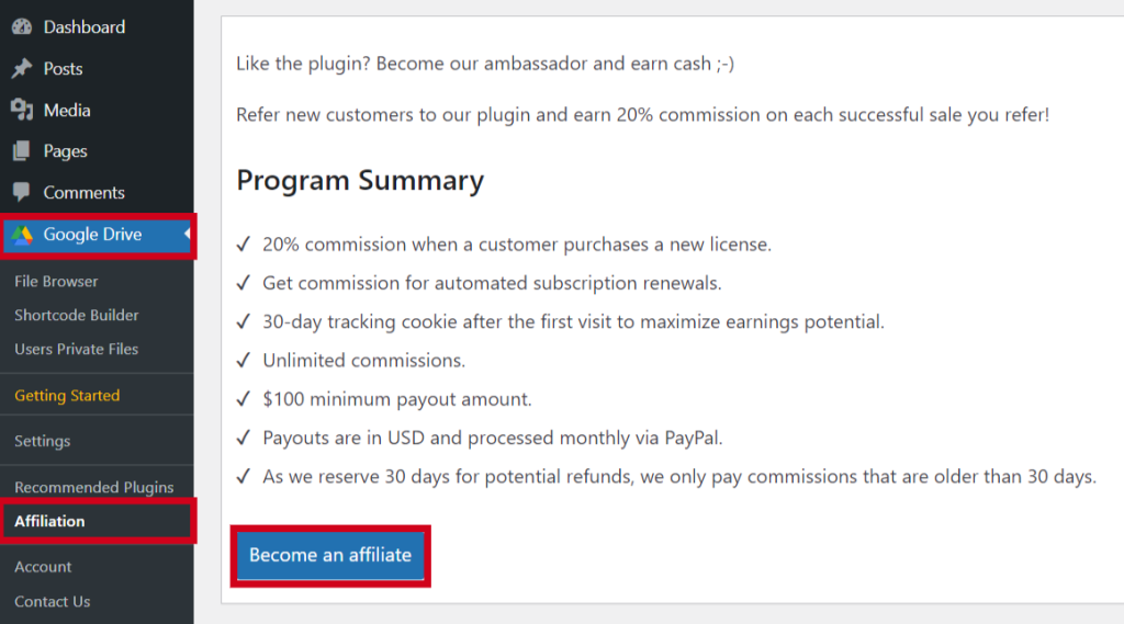 join integrate google drive affiliate program from wordpress admin dashboard