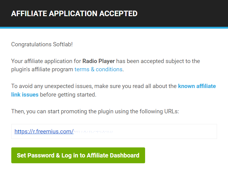 radio player affiliate approval email