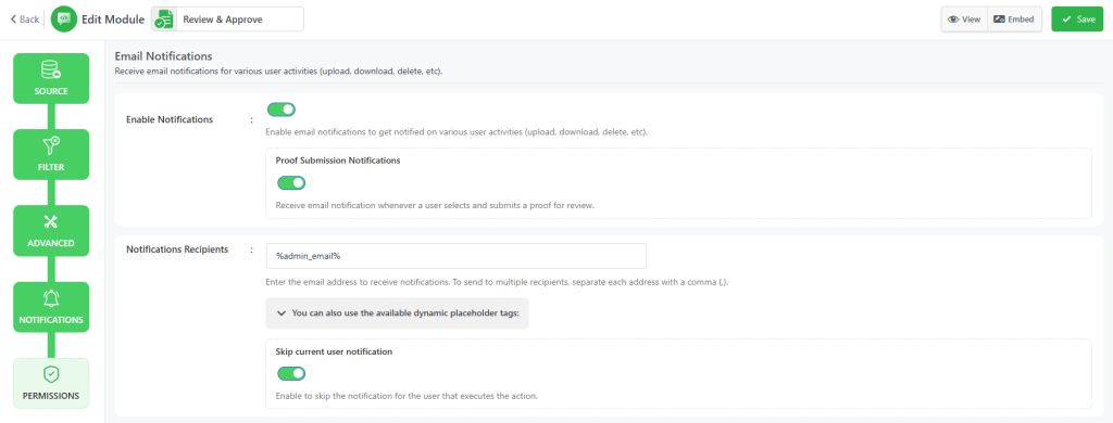 review & approve module notifications tab